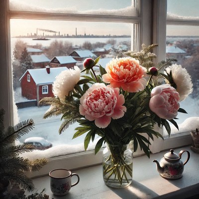 Beautiful peony bouquet by the winter window