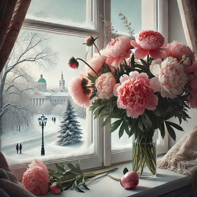 Winter view with pink flowers and snowy landscape outside