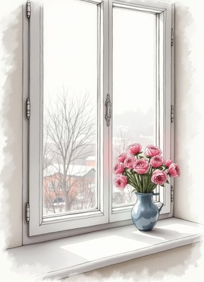 Beautiful roses in a vase on a winter morning