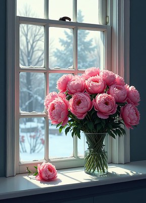 Beautiful pink peonies in a winter window setting