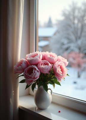 Beautiful peony bouquet on a winter windowsill