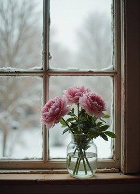 Pink flowers in a vase by a snowy window in winter