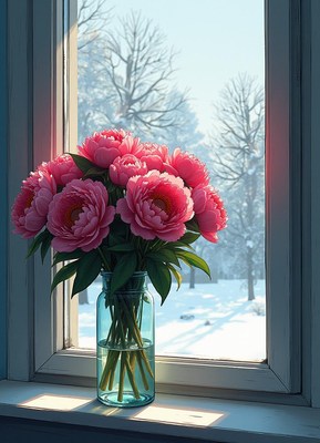 Bright peonies in a vase against a snowy window view
