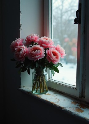 Pink flowers in a vase by a frosty window
