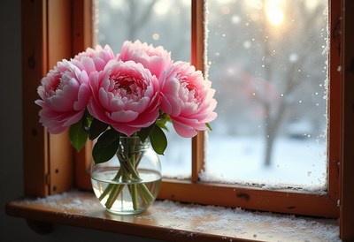 Flowers in a vase by the snowy window in winter
