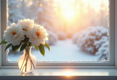 Beautiful flowers in a vase against a snowy backdrop