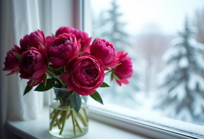 Bouquet of pink peonies by a snowy window in winter