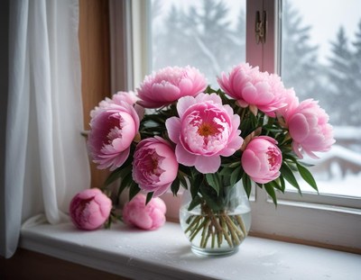 Peonies blooming in a snowy window setting during winter