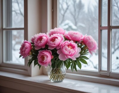 Fresh pink peonies in a vase on a snowy winter day