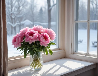 Pink peonies in a vase on a windowsill during winter