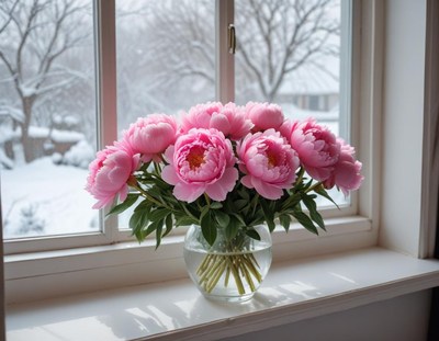 Pink peonies in a vase by a snowy window