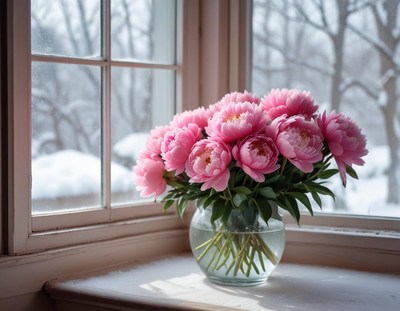 Beautiful pink peonies in a winter window setting