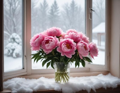 Pink peonies in a vase on a snowy winter day