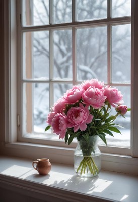 Beautiful pink peonies on a winter windowsill