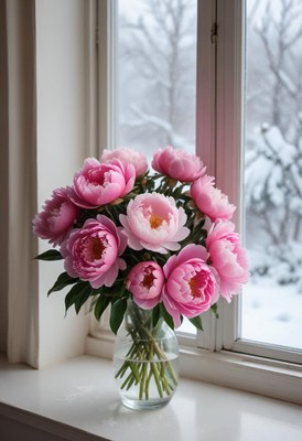 Pink peonies in a vase near a snowy window