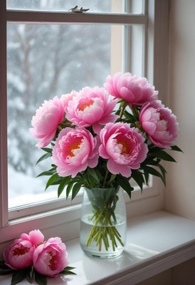 Beautiful pink peonies in a vase by a snowy window