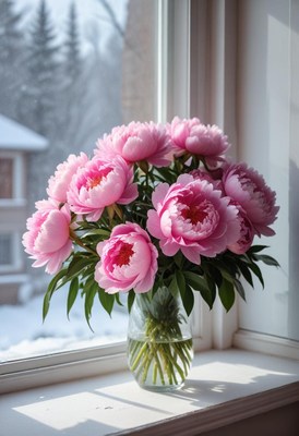 Pink peonies in a vase by a winter window