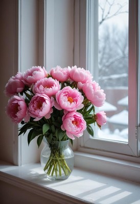 Beautiful bouquet of pink peonies by the window