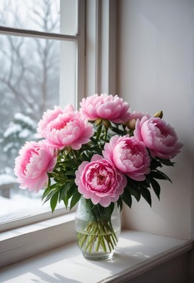 Beautiful pink peonies in a sunny winter window