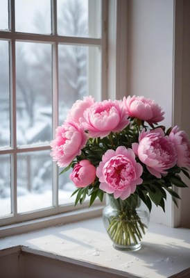 Pink peonies in a vase against a snowy window backdrop