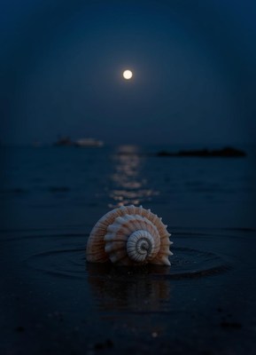 Shell illuminated by moonlight over calm water