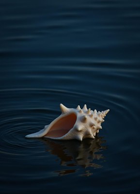 Conch shell floating gently on calm water surface