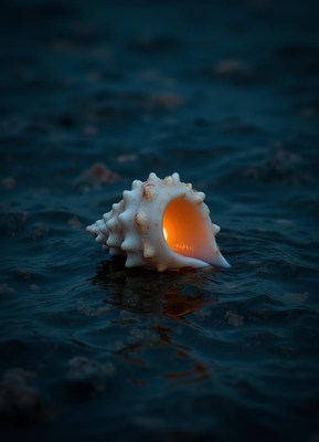 Unique shell floats in dark water with illuminated interior