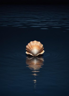 Beautiful seashell reflecting in calm water at night