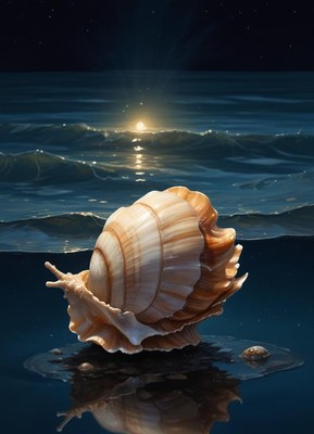Seashell reflecting sunlight on calm ocean surface