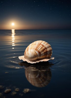 Shell resting on water under moonlight at night