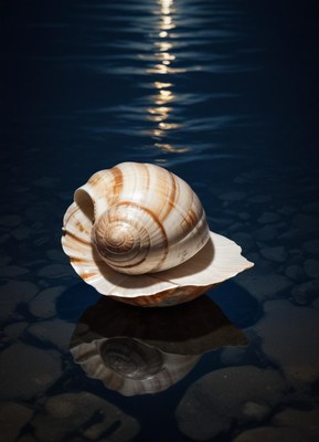 Beautiful shell resting on water at night