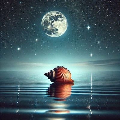 Serene shell reflects moonlight on tranquil water