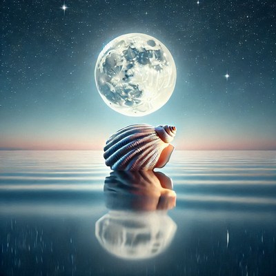 Woman silhouette reflected in calm water under full moon