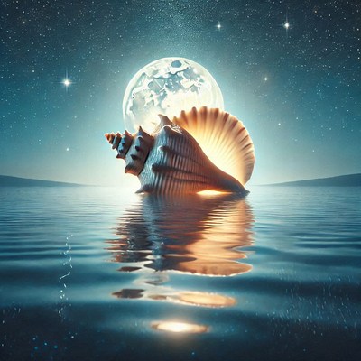 Shell illuminated by moonlight above calm water at night
