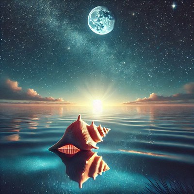 Shell on a tranquil water surface at moonlight