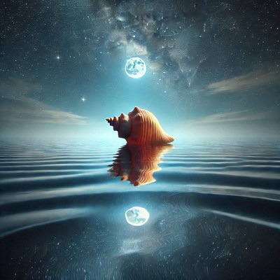 Shell rests on calm water under the moonlight