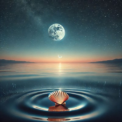 Shell rests on water surface under a luminous moonlight