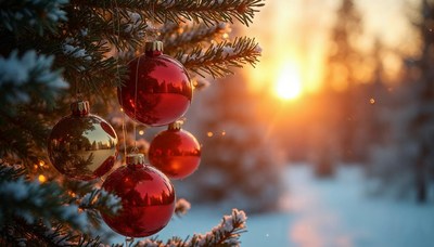 Christmas ornaments shining in winter sunset glow