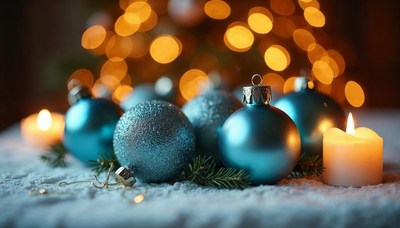 Decorative holiday ornaments with candles on festive table
