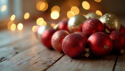 Festive christmas ornaments on wooden surface