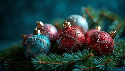 Colorful holiday ornaments arranged on green pine branches