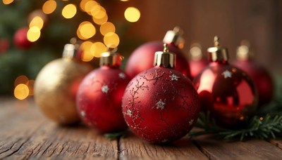 Beautiful red and gold ornaments on a wooden table