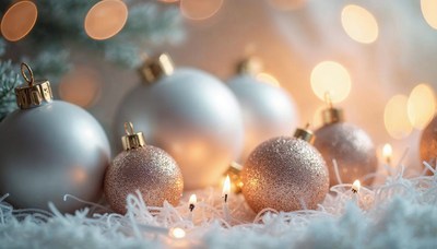 Sparkling holiday ornaments with warm festive lights