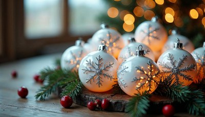 Christmas ornaments arranged on a wooden table near tree