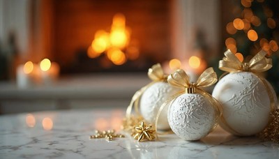 Elegant christmas decorations in warm fireplace setting