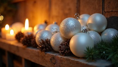 Festive decorations with candles and ornaments at night