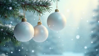 Beautiful white ornaments hanging on a snowy pine tree