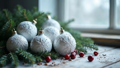 Festive white ornaments arranged on a wooden surface