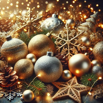 Festive decorations with golden ornaments and pinecones