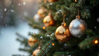 Festive ornaments on a snow-covered christmas tree